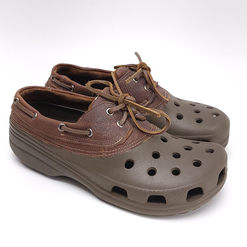 Crocs Islander Pitcrew Brown Leather Boat Shoe‎ Clogs Size M9 W11 Hybrid